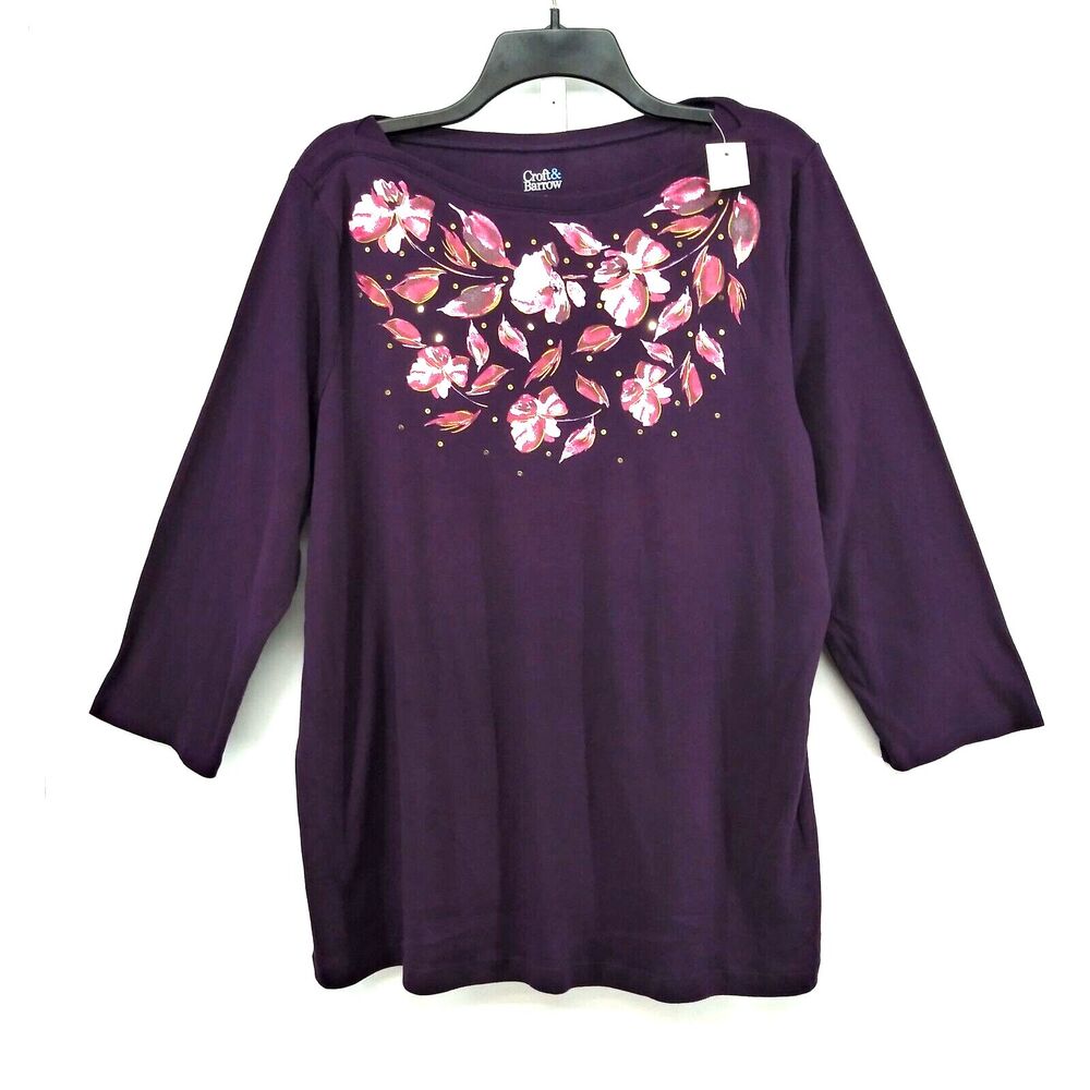 Croft & Barrow Shirt Womens Plus Size 2XL Purple Floral Sequin 3/4 Sleeve Top